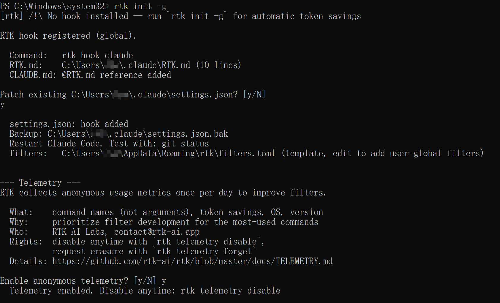 rtk init -g 执行结果：Hook 注册成功，RTK.md 写入 Claude 配置目录，settings.json 自动 patch，并提示重启 Claude Code 生效