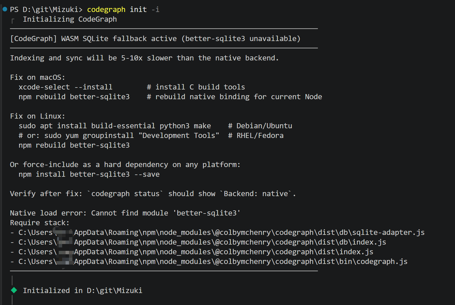 codegraph init -i 在 Mizuki 项目里跑出的索引进度