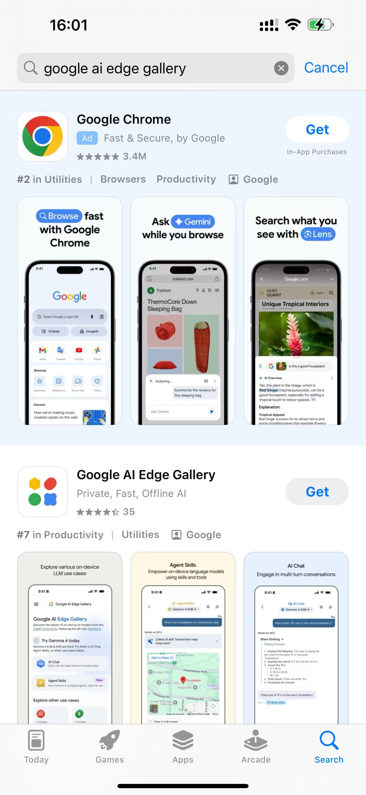 App Store 搜索"Google AI Edge Gallery",点 Get 下载