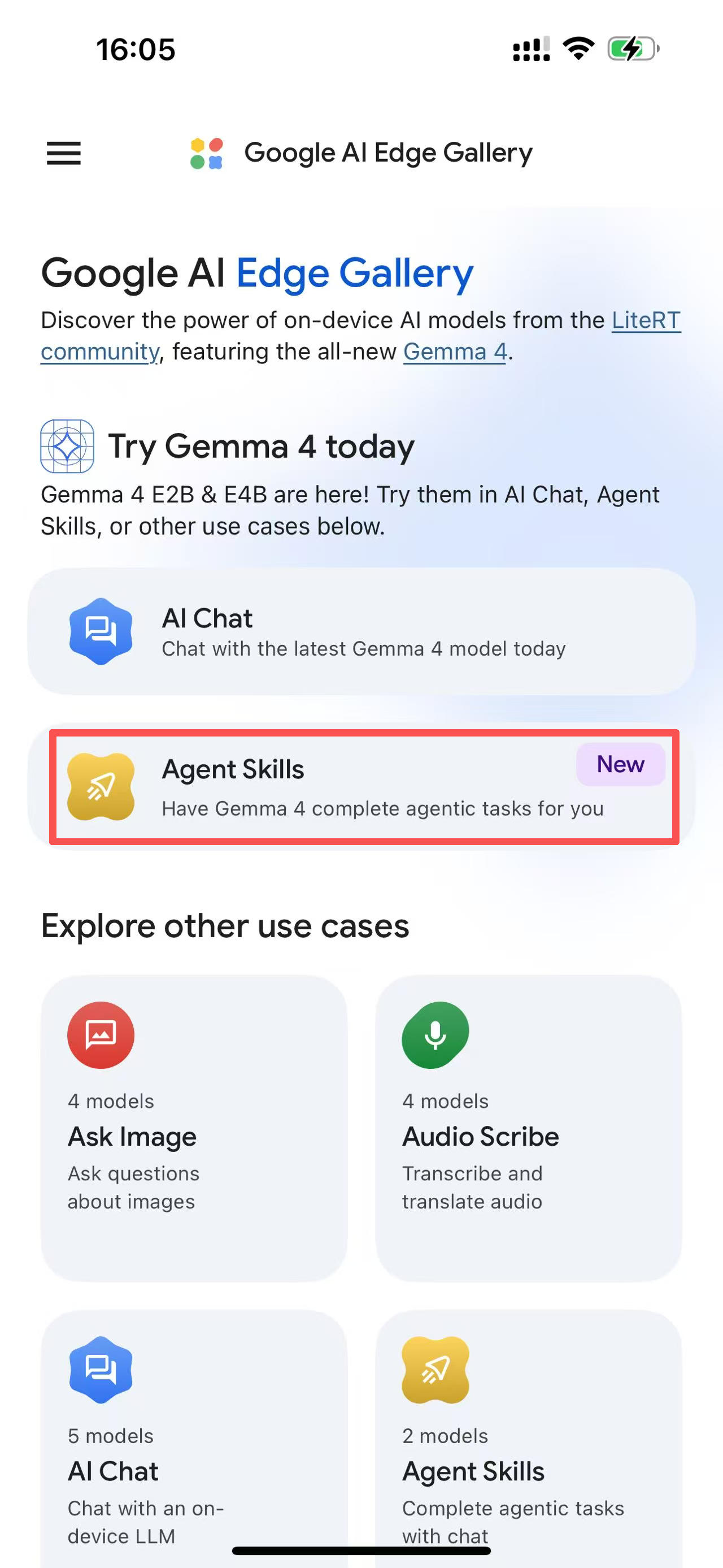App 首页,AI Chat 和 Agent Skills 两个入口