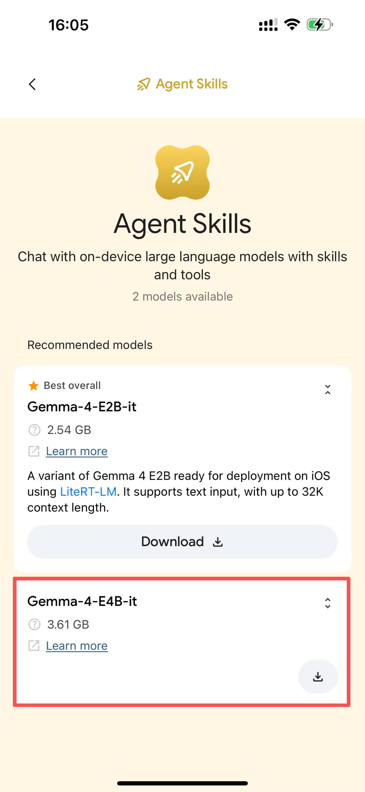 选择 Gemma-4-E2B-it 或 E4B-it,点 Download 下载模型
