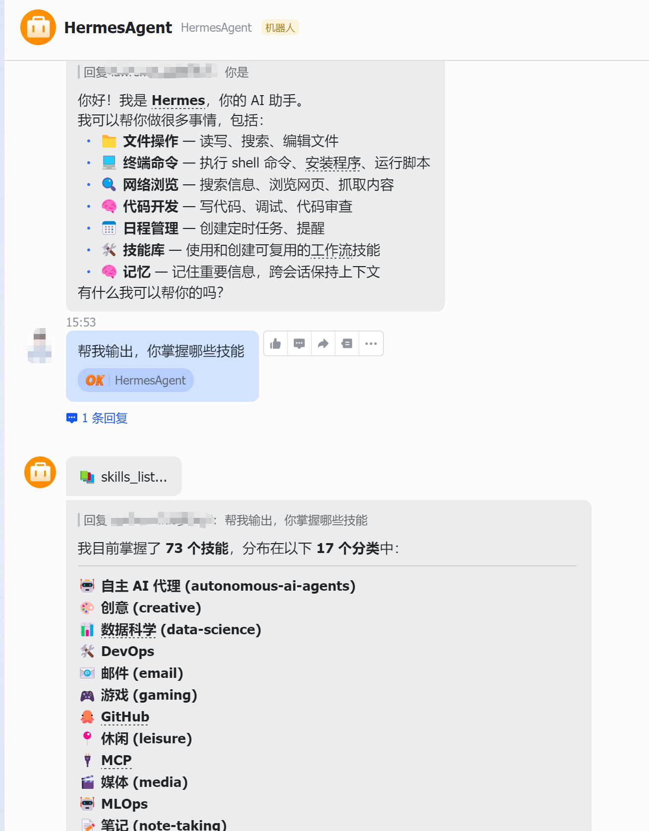 飞书实际效果:Hermes机器人回复并展示73个技能分类