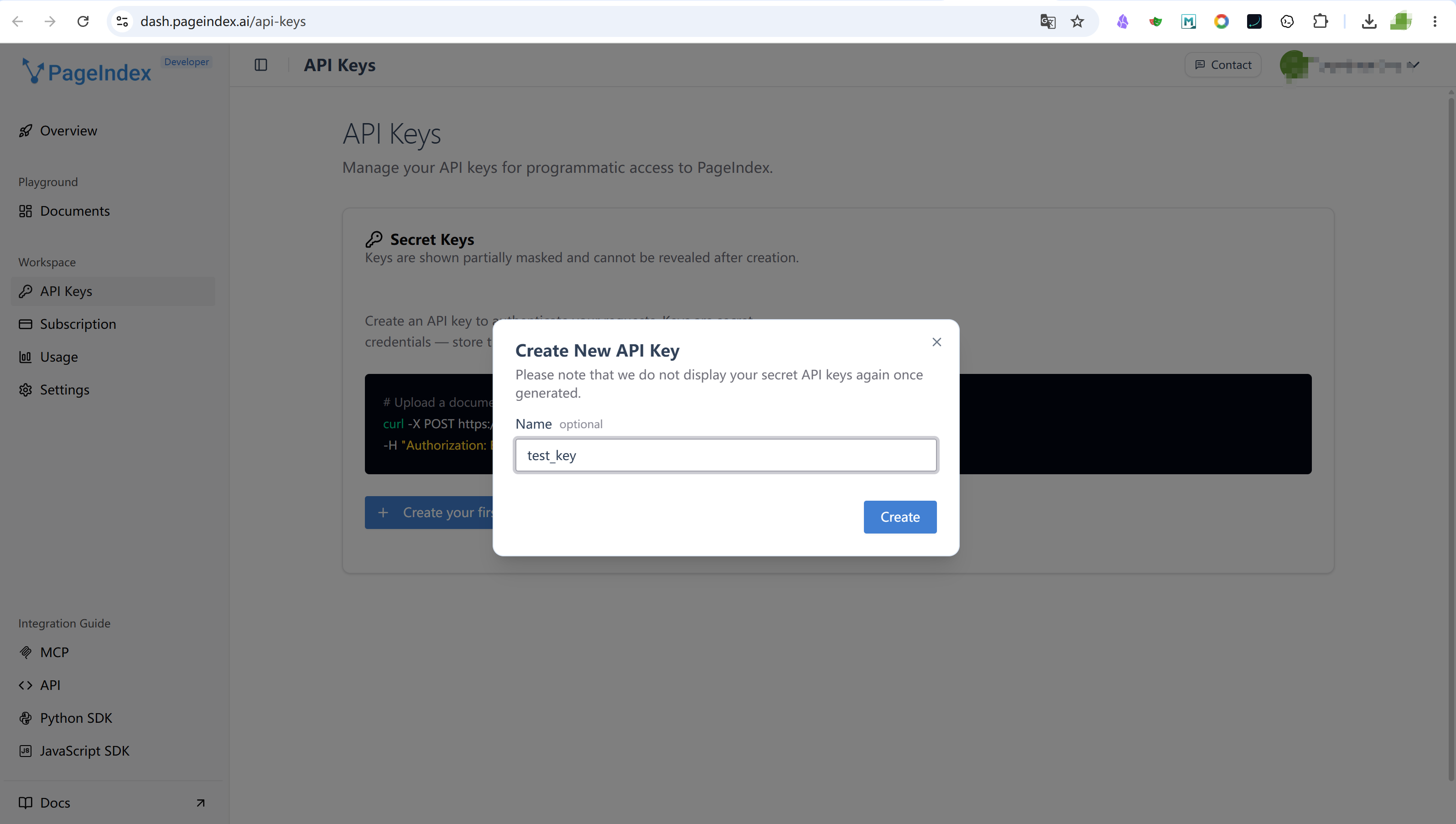 PageIndex 后台创建 API Key