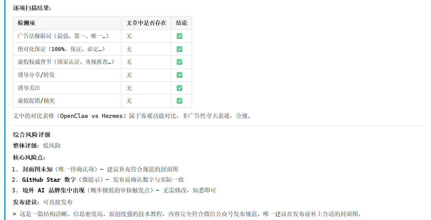 检测结果输出——每个模块给出合规状态、具体问题和可操作的优化建议，局限性也明确说明